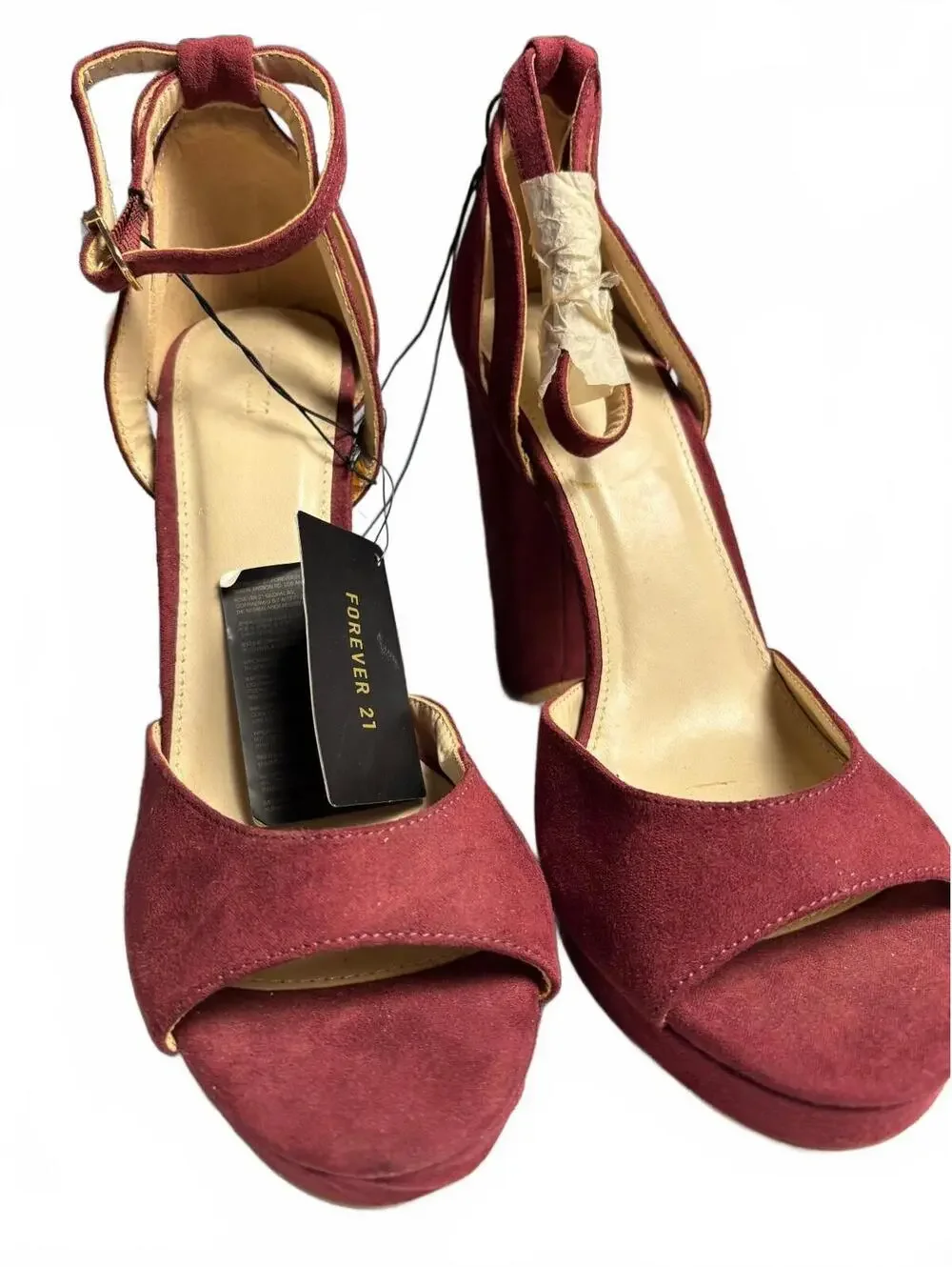 Forever 21 Burgundy Suede Block Heel Sandals with Ankle Strp